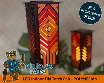 Polynesian Village Tribute Tiki Torch Set (pair) Indoor Flickering Low-Voltage - Made of Wood with Hand Sculpted Poles