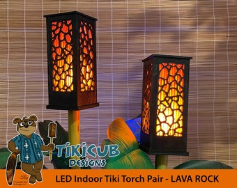 Handmade Indoor Tiki Torch Set – Lava Rock Pattern, LED Flickering Flame