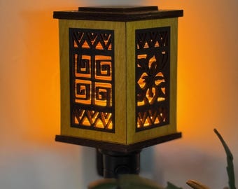 Handcrafted Wood Flicker Flame Nightlight - Polynesian Symbols Design