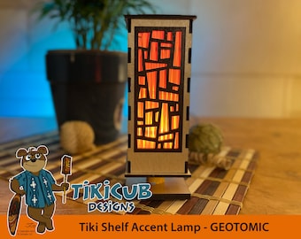Small Tiki Shelf Accent Lamp, Indoor Low-Voltage Retro Geotomic Pattern - Made of Wood