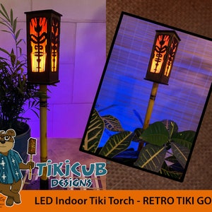 Single Tiki Torch, Indoor Low-Voltage Set with Stand and Plant Spike and Retro Tiki God Pattern - Made of Wood