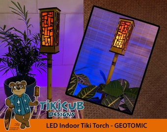 Birchwood Indoor LED Tiki Torch, Geotomic MCM Pattern, with Tabletop Stand and Plant Spike
