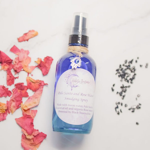 Palo Santo and Rose Water Smudging Spray Body Mist, room cleansing, aura cleansing, infused with rose quartz for extra protection