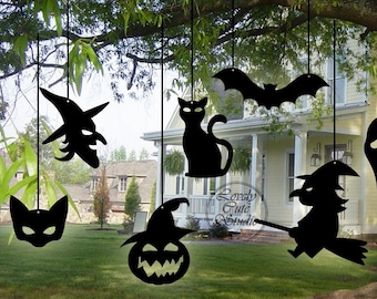 Outdoor Halloween decoration tree hanging witch decor Halloween witch Black Cat Halloween yard décor Halloween garden Scary hanging bats