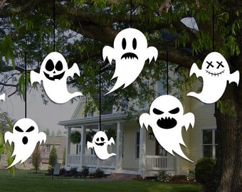 Scary spooky Hanging GHOSTS for Halloween outdoor Decoration Set of 9 pcs. Flying Ghost for Front Yard Halloween celebration. Halloween gift