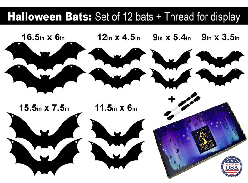 May include: Set of 12 black paper bats for Halloween decorations. The bats come in various sizes, ranging from 3.5 inches to 16.5 inches. The set includes thread for hanging the bats.