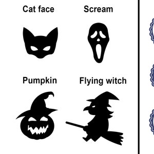 May include: Black and white Halloween themed iron-on transfers. The designs include a witch face, cat face, scream face, cat, pumpkin, and a flying witch. The transfers are strong, waterproof, and made in the USA.