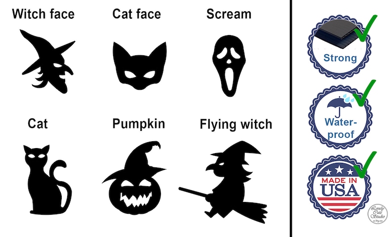 May include: Black and white Halloween themed iron-on transfers. The designs include a witch face, cat face, scream face, cat, pumpkin, and a flying witch. The transfers are strong, waterproof, and made in the USA.