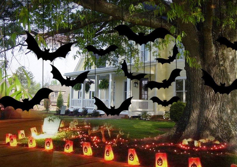 HALLOWEEN BATS Set of 12 or 6 Hanging bats Halloween Decoration bats Halloween outdoor decor Halloween tree Halloween garden Halloween lawn image 1