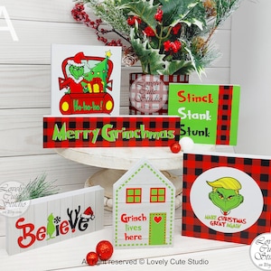 Grinch Tiered Tray Decor Bundle Grinchmas Decorative Tray, Grinch Mini Signs, Grinch Tier Tray, Christmas tier tray tiered tray Grinch Decor