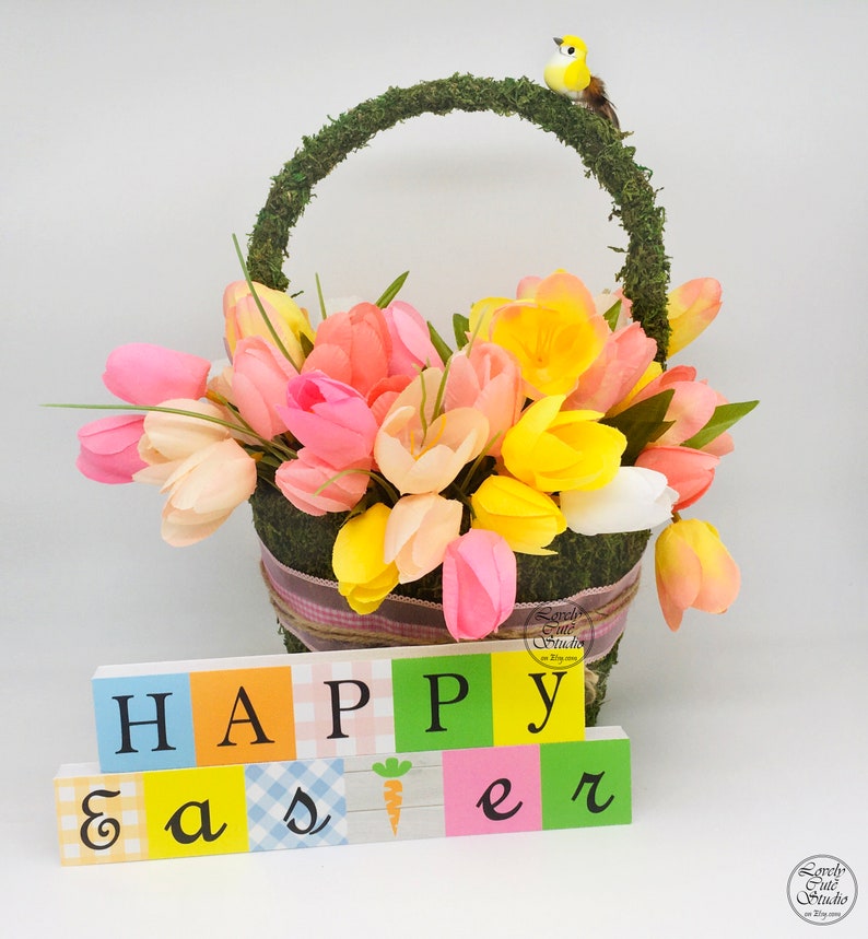 Easter decor Easter gift Easter basket Tulip basket Bunch of Tulips Moss basket flowers Spring flowers Beautiful Artificial Tulip Stems Pink Tulip basket + Sign