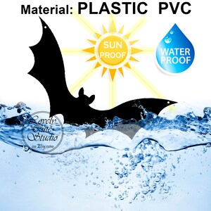 May include: Black bat silhouette cutout made of plastic PVC. The bat is partially submerged in blue water with bubbles. The image includes the text "SUN PROOF" and "WATER PROOF" in yellow and blue circles.