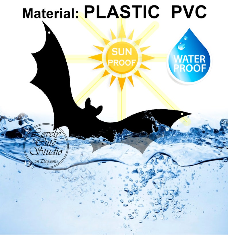 May include: Black bat silhouette cutout made of plastic PVC. The bat is partially submerged in blue water with bubbles. The image includes the text "SUN PROOF" and "WATER PROOF" in yellow and blue circles.