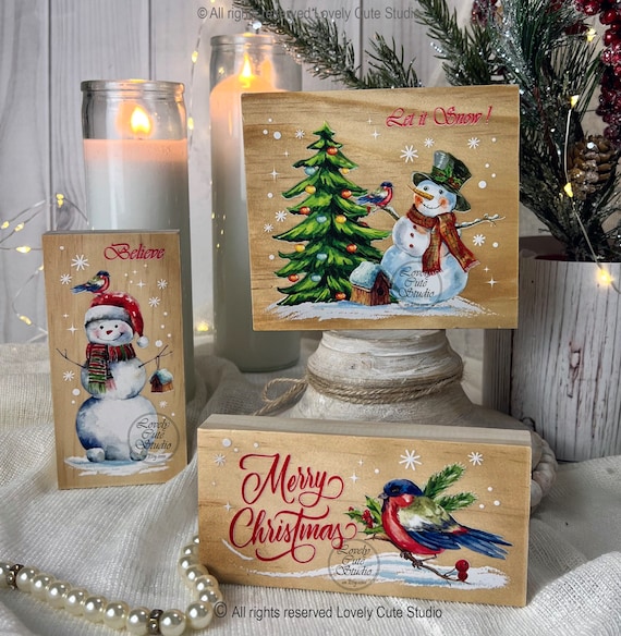 Weihnachtliches Tablett Deko Bündel, Handgemachte Weihnachts mini Holzschilder, Weihnachtstablett Füller, Schneemann Stufen Tablett, Winter Tiered Tablett