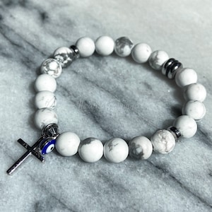 Evil Eye and Cross Charm Howlite Beaded Bracelet, Evil Eye Bracelet, Greek Bracelet, Spiritual Bracelet, Gemstone Bracelet, Gift for Her