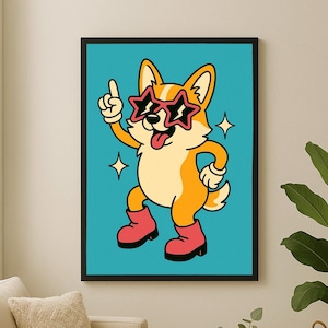 Imprimible de arte mural de Corgi: perro retro (descarga digital) / PDF CMYK de 16 x 20 + JPG de alta resolución / Decoración divertida de Corgi para amantes de las mascotas