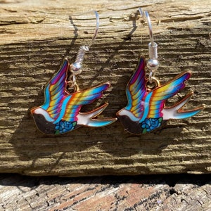 Bluebird rainbow enamel earrings, bird earrings, enamel earrings, bird gift, bird charms, swallow earrings, enamel bird gift