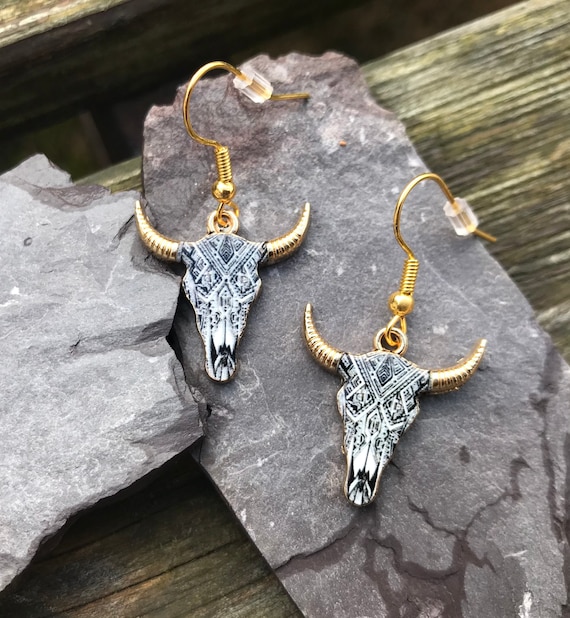 Enamel Cow Skull Earrings: Aztec Cowgirl Jewelry