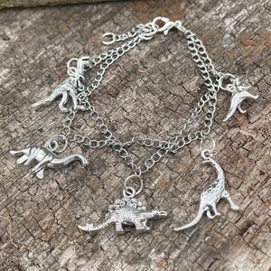 Dinosaur Charm Bracelet: Stegosaurus, Pterodactyl, Dino Jewelry
