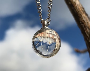 Collier de graines de pissenlit, collier de graines de pissenlit en verre, collier de souhaits de pissenlit, collier Army Brat, globe de pissenlit en verre, breloque de souhaits