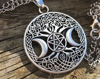 Moon Goddess & pentacle necklace, pentacle necklace, pentagram necklace, Tree of life necklace, Wiccan necklace, supernatural, new age,