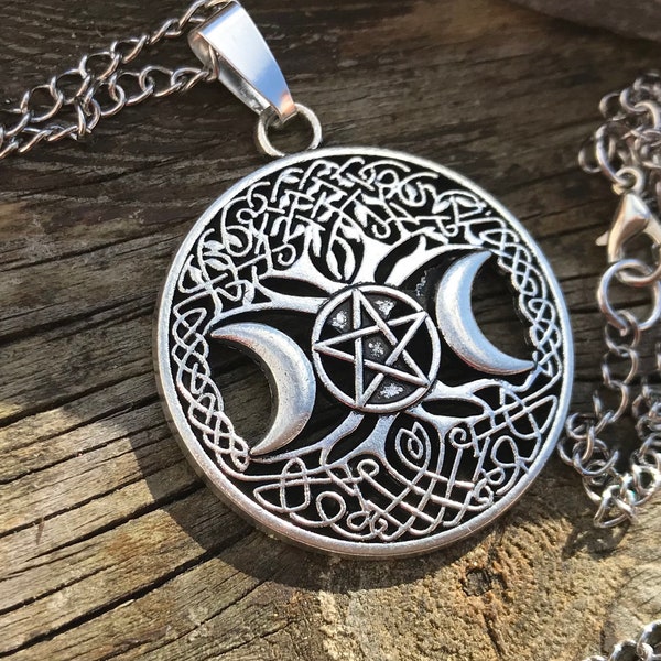 Moon Goddess & pentacle necklace, pentacle necklace, pentagram necklace, Tree of life necklace, Wiccan necklace, supernatural, new age,