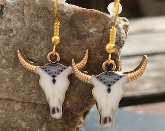 Boucle d'oreille tête de mort en émail, boucles d'oreilles taureau, cow-boys, cow-girls, bijoux du Far West, boucles d'oreilles cow-girl, boucles d'oreilles aztèques