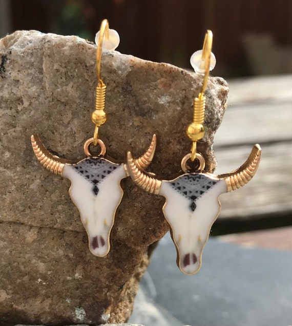 Enamel Cow Skull Earrings: Aztec patterned Western Cowboy/Cowgirl Longhorn Country and Western Jewellery
