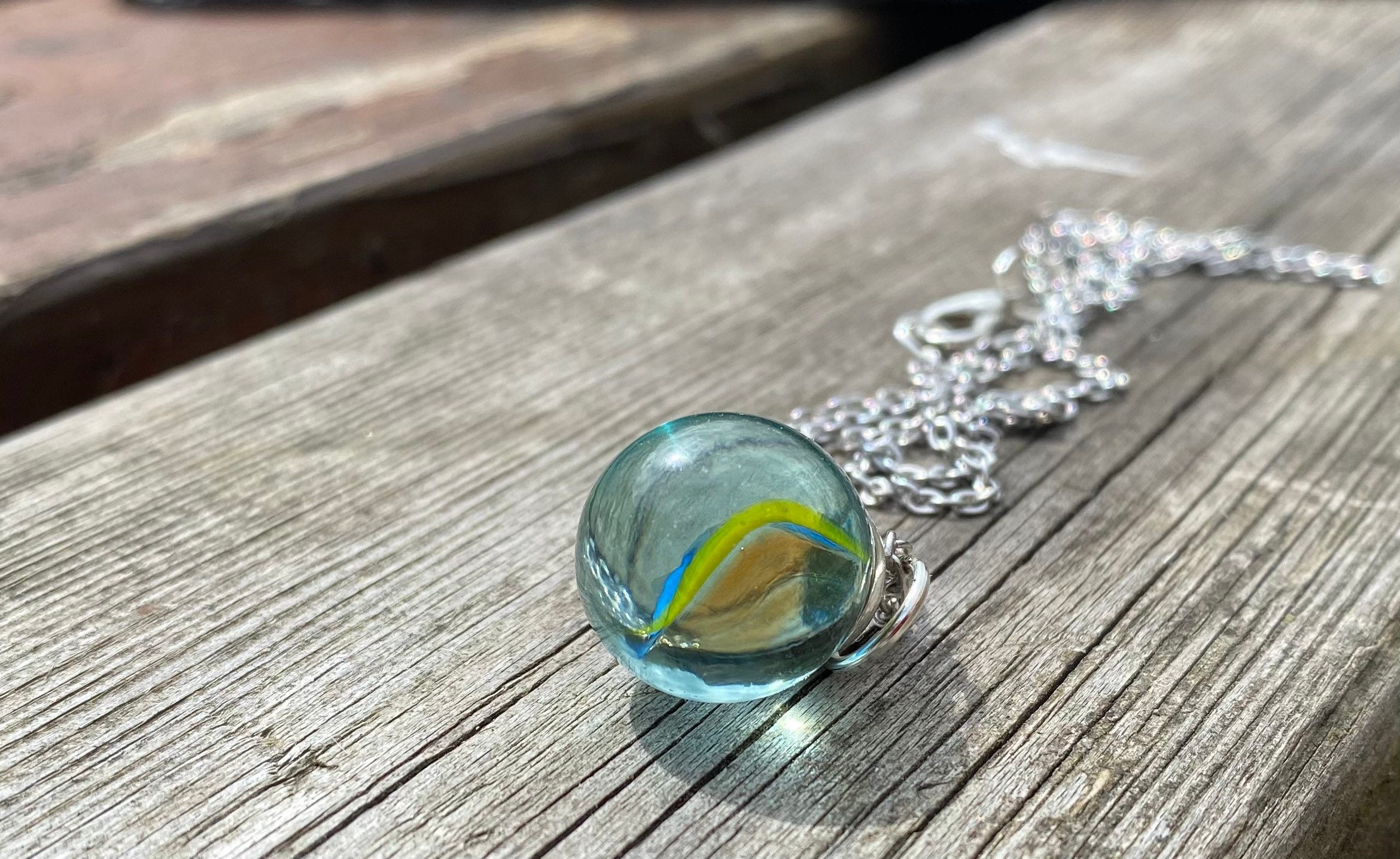 Collier rétro en verre oeil de chat et marbre - Chaîne en acier inoxydable