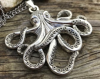 Tibetan Silver Octopus Pendant Necklace: Steampunk Goth Jewelry