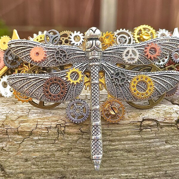 10cm jumbo steampunk dragonfly hair barrette, dragonfly hair clip, steampunk cogs and gears, cyberpunk French hair barrette, dragonfly gift