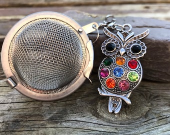 Tea Infuser, loose tea infuser, Mesh Tea Strainer, herb infuser, Owl Charm novelty tea infuser, bejewelled owl, owl themed tea gift