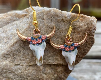 Enamel Cow Skull Earrings: Mandala decorated Cowgirl Country and Western Themed Jewelry, Mandala patterned cow skull earrings