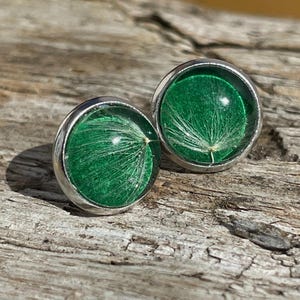Op de afbeelding: Een paar ronde oorstekers met een zilverkleurige rand. Elke oorbel heeft een levendige groene achtergrond met een delicaat wit zaadhoofdontwerp. De oorbellen worden gepresenteerd op een verweerd houten oppervlak.