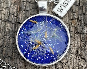 Blue Dandelion Seed Necklace: Real Dandelion Seeds, Stainless Steel Chain
