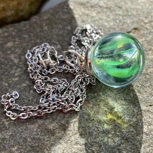 Recycled Glass Marble Necklace: Retro Green Cats-Eye Jewelry