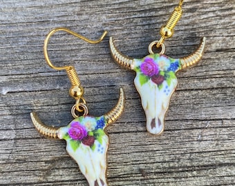 Enamel Cow Skull Earrings: Floral Bull, Gold Plated Wires