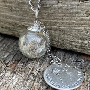 Paardebloemzaadketting, glazen paardebloemzaadketting, paardebloemwensketting, Army Brat-ketting, glazen paardebloembol, wensbedel