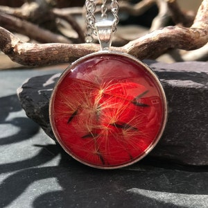 Dandelion necklace, dandelion seed pendant, red dandelion necklace, army brat necklace, dandelion wish necklace