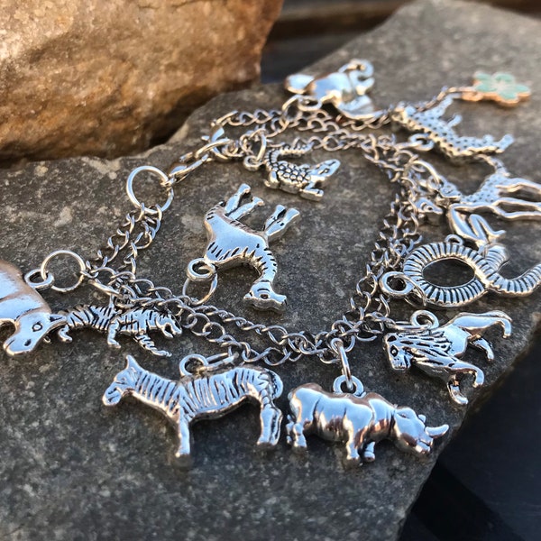 Pulsera de encanto de animales de la selva, pulsera de encanto de animales boho, pulsera de encanto de animales salvajes, regalo con temática de animales, joyas de animales