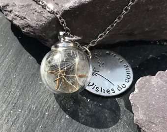 Collier graine de pissenlit : pendentif globe en verre, chaîne en acier inoxydable
