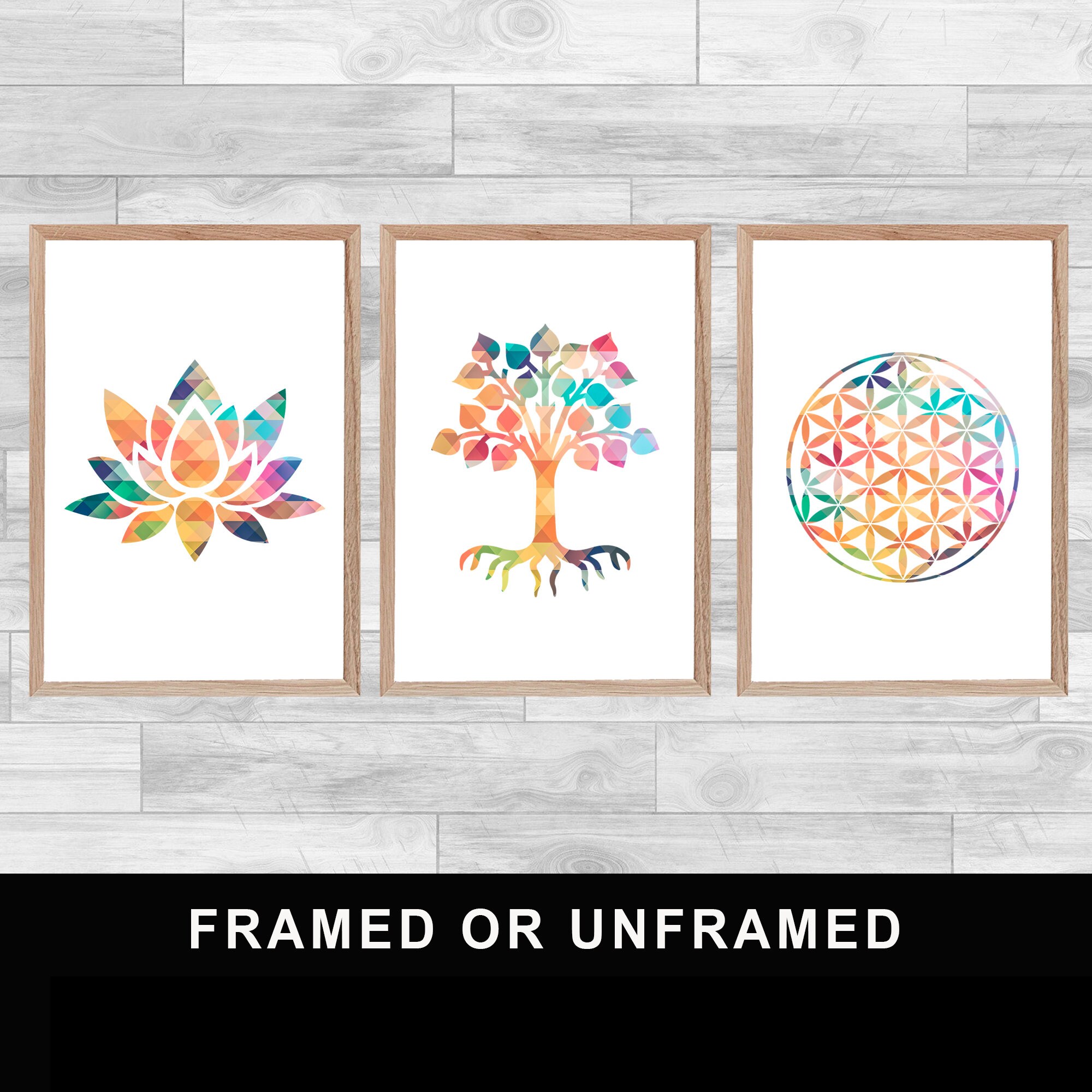 Framed Or Unframed Set Of 3 Prints Lotus Flower Tree Life Print Spirituality Wall Art Home Decor Yog
