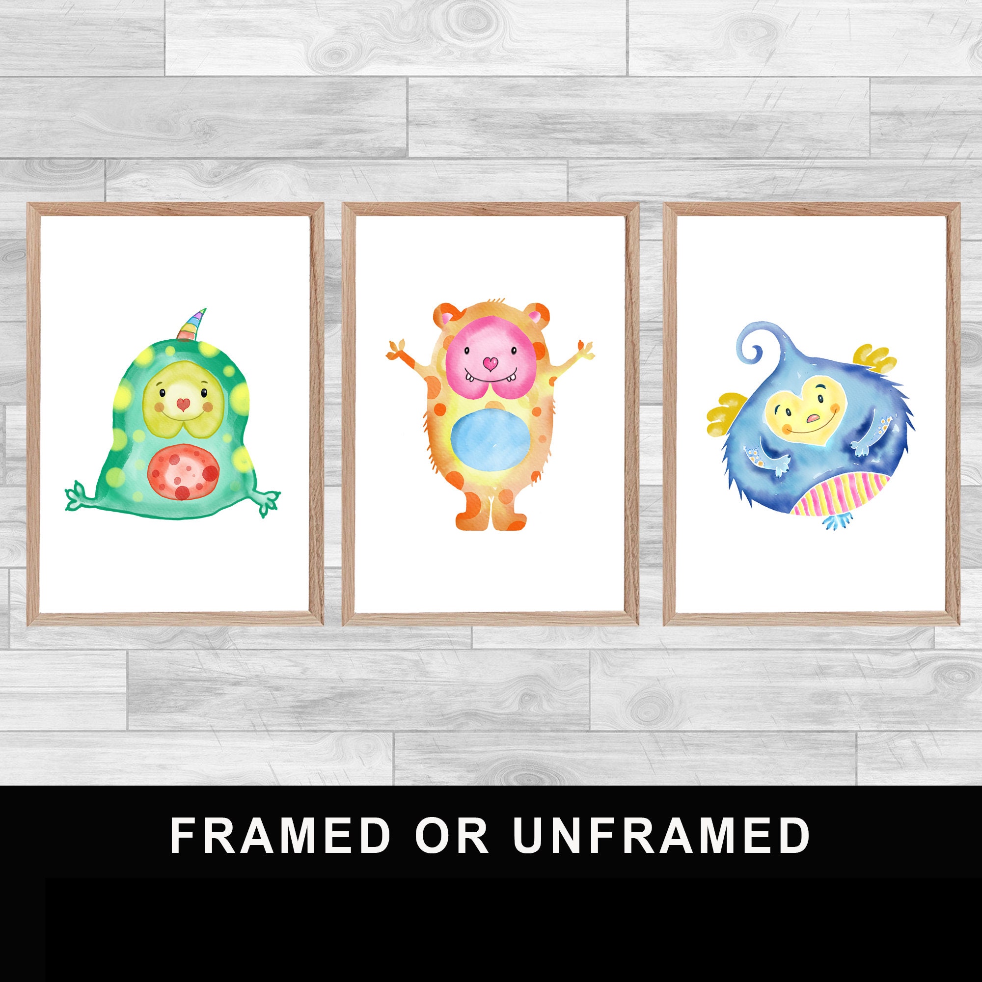 Framed Or Unframed Set Of 3 Monsters Prints Kid's Room Decoration Children Bedroom Wall Art Family H