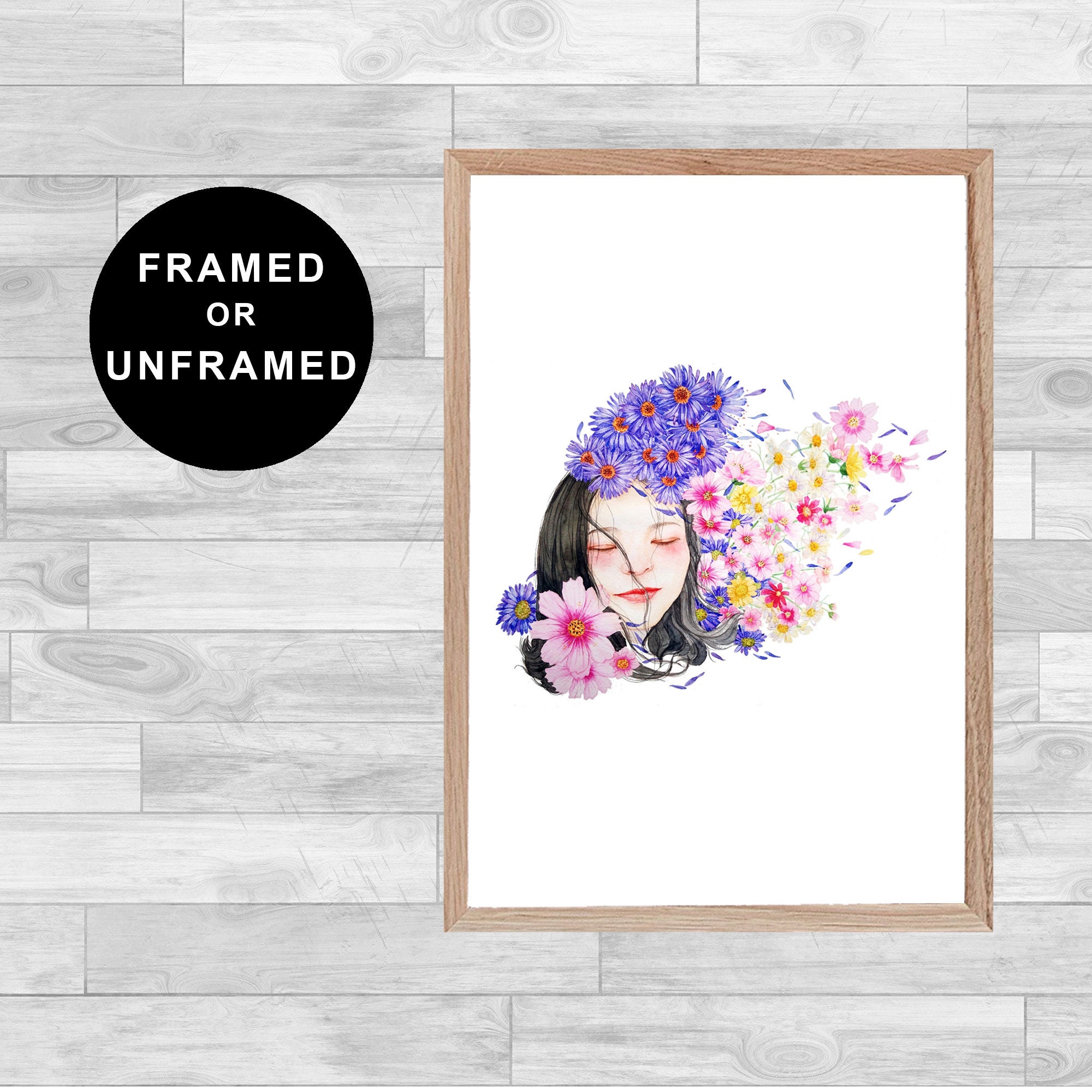 Framed Or Unframed Girl & Flowers Print Wall Art Watercolor Home Decor Painting Wallart Mural Living