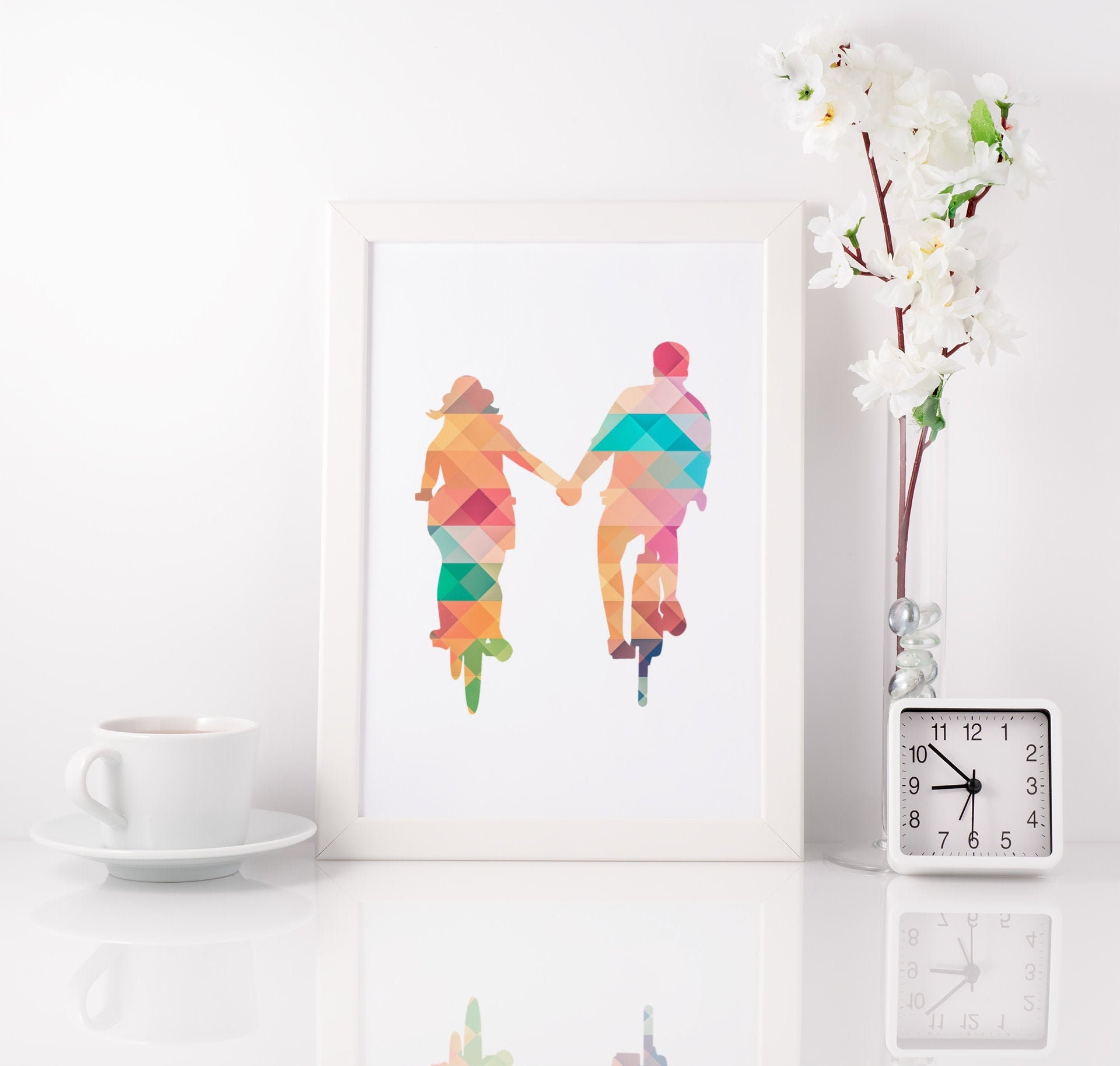 Framed Or Unframed Biking Couple Print Love Family Wall Art Watercolor Gift Home Decor Painting Aqua