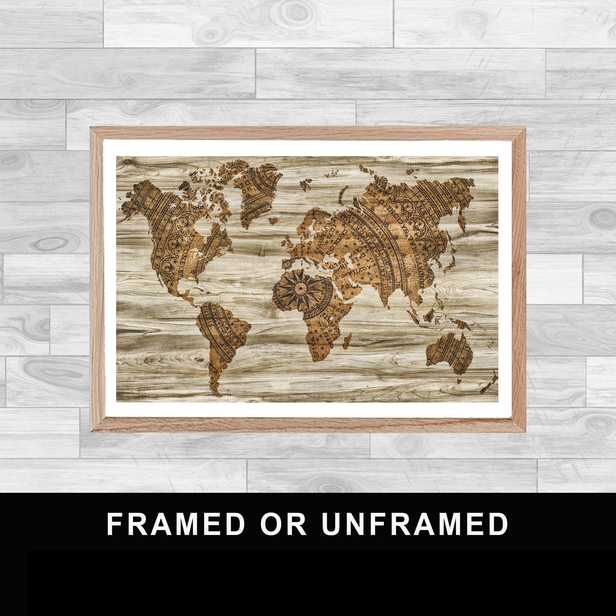 Framed Or Unframed Vintage World Map Print Coffee Kitchen Decoration Wall Art Watercolor Gift Home D
