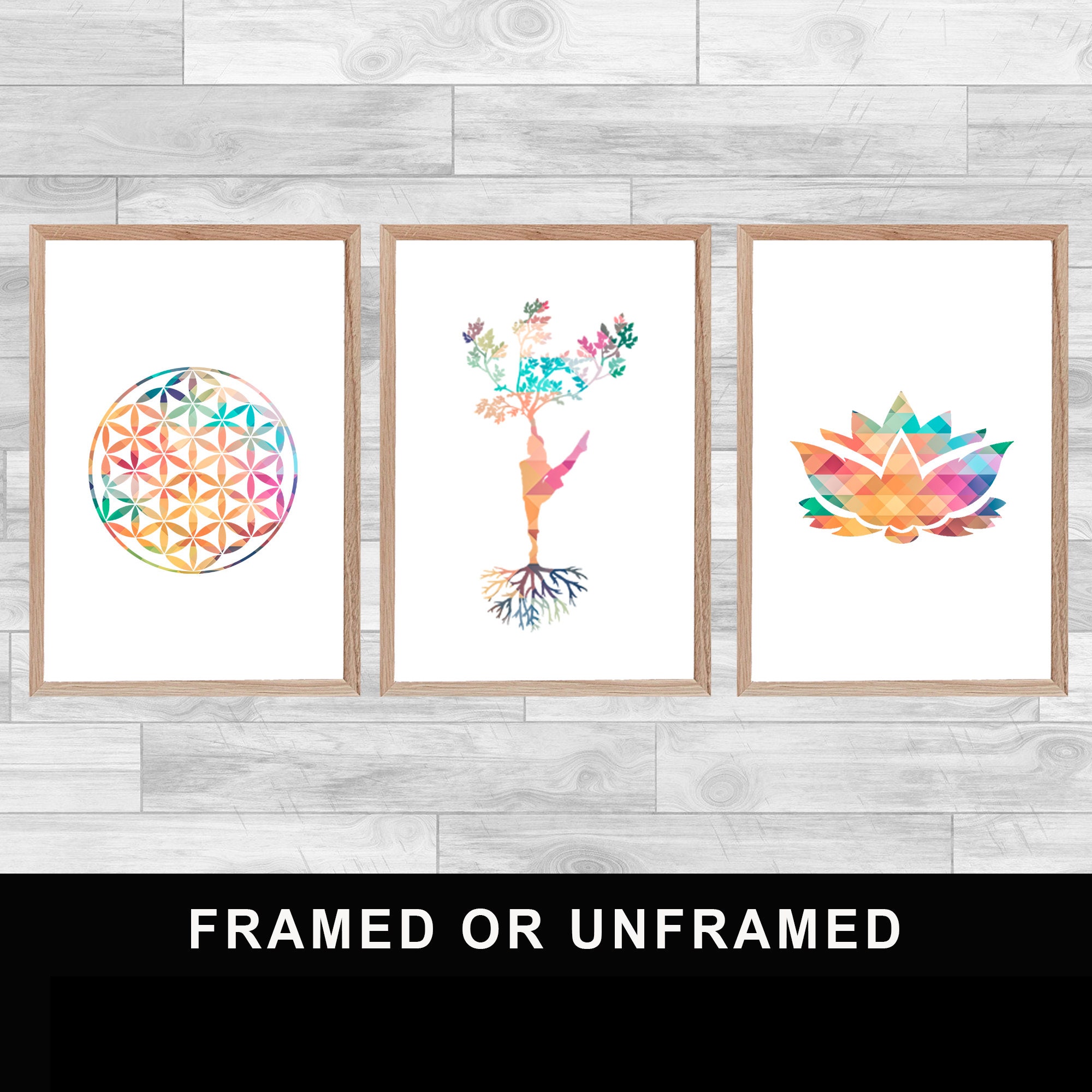 Framed Or Unframed Set Of 3 Prints Flower Life Tree Yoga Posture Lotus Print Spirituality Wall Art H