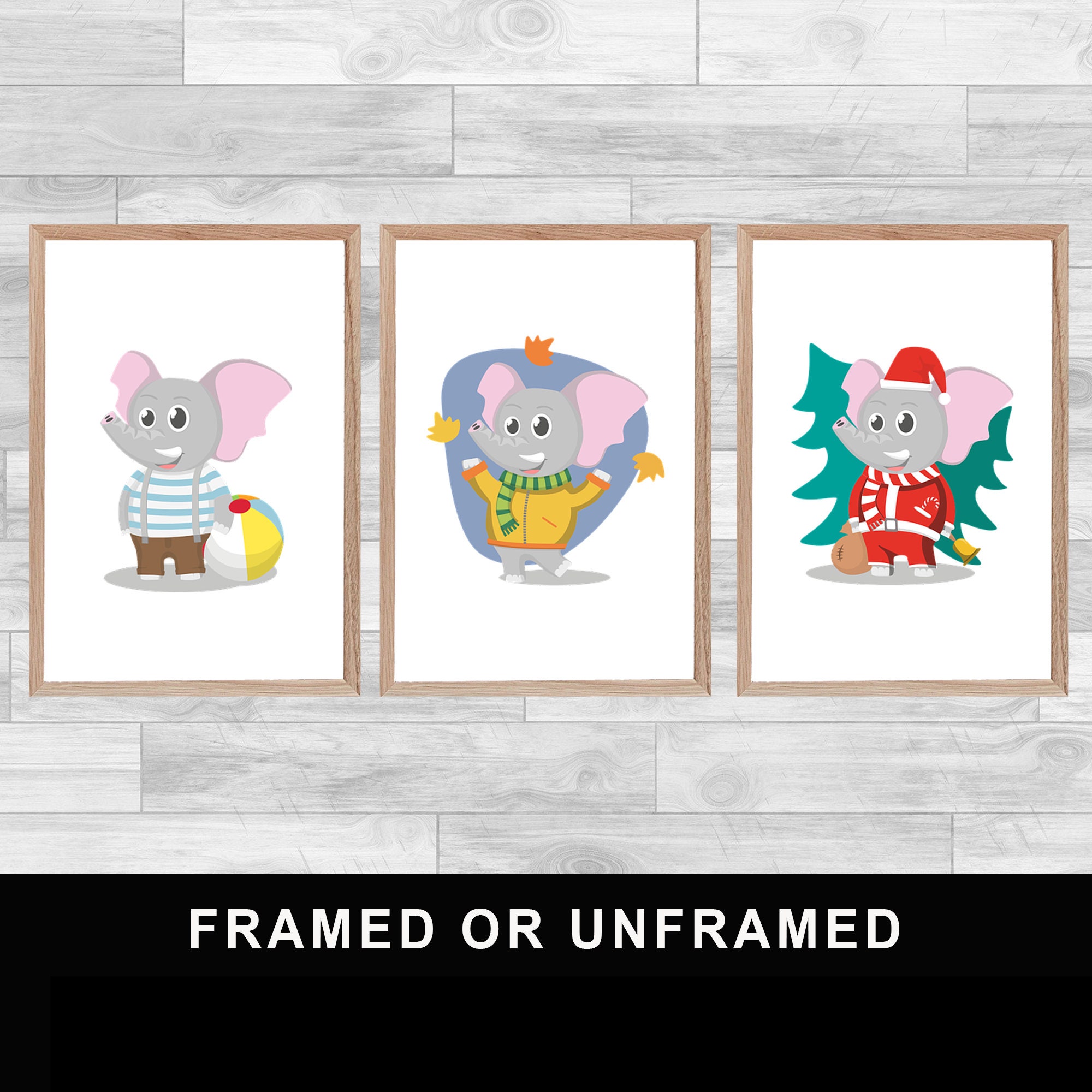 Framed Or Unframed Set Of 3 Little Elephants Prints Kid's Room Decoration Children Bedroom Wall Art