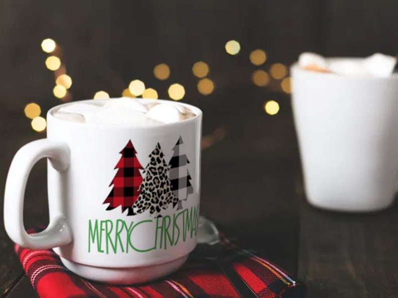 Buffalo Check and Cheetah Print Christmas Tree Vinyl Decal Signs Cups Decor Permanent Decal for Mugs Laptops Tumblers Bumper Stickers