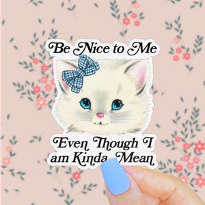 Be Nice to Me Even Though I&#39;m Kinda Mean Sticker, Cute Retro Cat, Funny Kitsch Sticker, Coquette Kitten, Illegal to Be Mean to Me Decal
